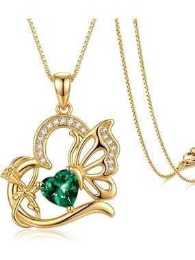 Heart Butterfly Birthstone Necklace for Women - Infinity Pendant in 14K Gold